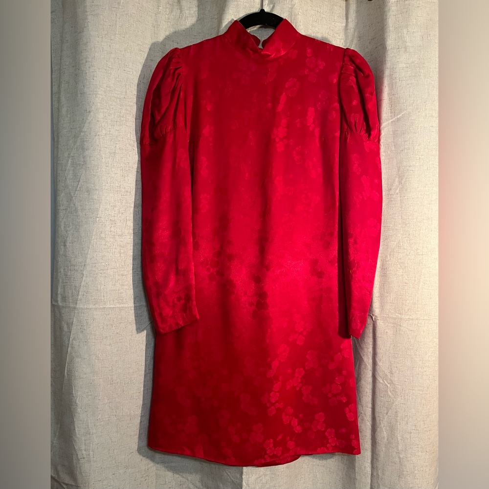 Vintage Red Mock Neck Puffy Sleeve Dress